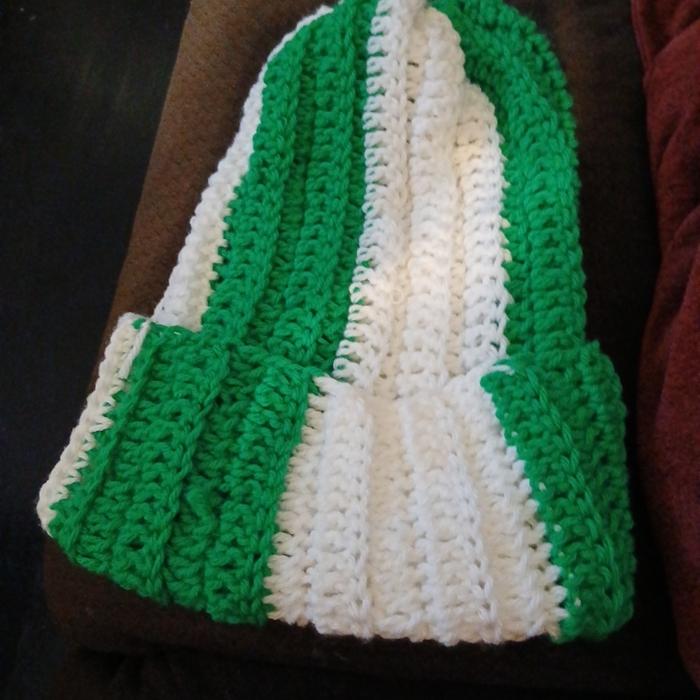 Green and White Knitted Beanie